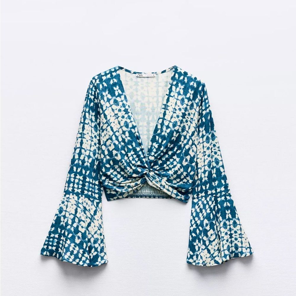 Zara Blue and White Bell Sleeve Crop Blouse